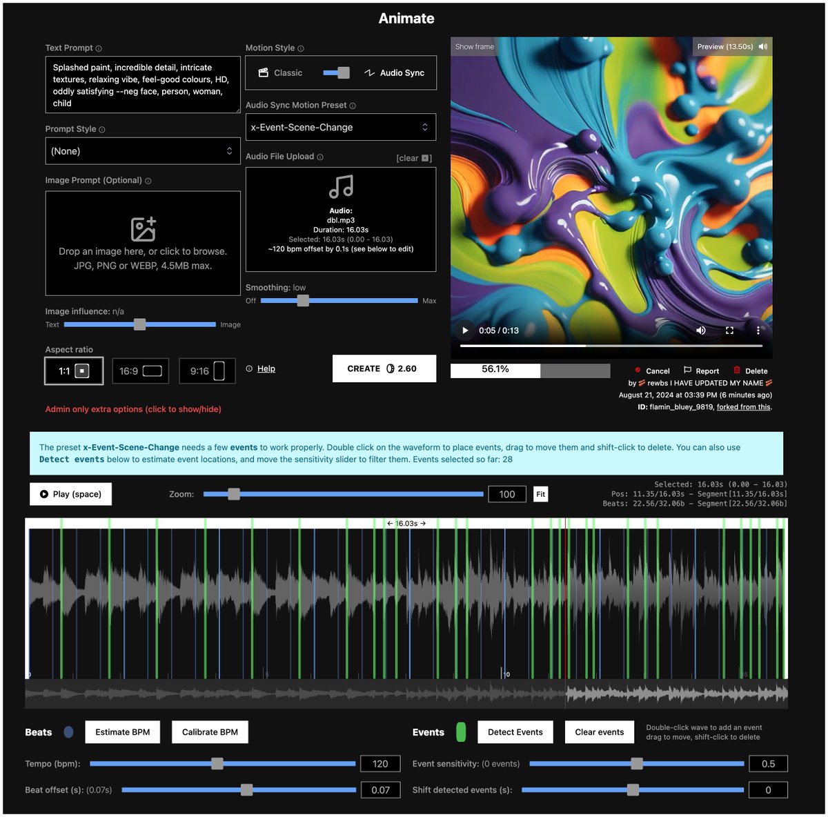 rewbssoal's tweet photo. Just finishing off testing audio event-based presets in Deforum Studio. Events can be auto-detected and/or manually adjusted along the waveform. Should land in prod in a day or two. Hope you enjoy!

#deforum #deforumstudio #aiart #audiosync https://t.co/JpRhg6ZBfX