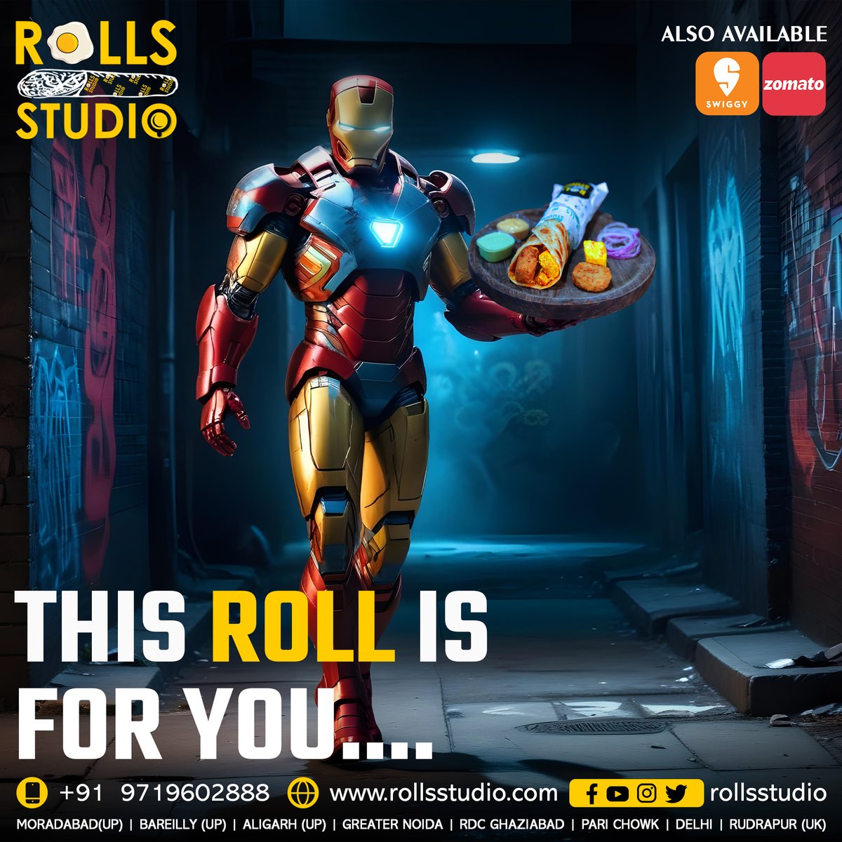 RollsStudio's tweet photo. When Iron Man hands you a RollStudio roll, you know it’s a meal powered by pure genius!😊
.
.
.
online order at Zomato and Swiggy Follow @rollsstudioofficia
.
.
.
.
.
.
.
#rollsstudiodelivery #rollslover #rollscrunch #ironman #rollstudio #DeliciousEats
#DeliveryCravings https://t.co/KSqpVxhmb2