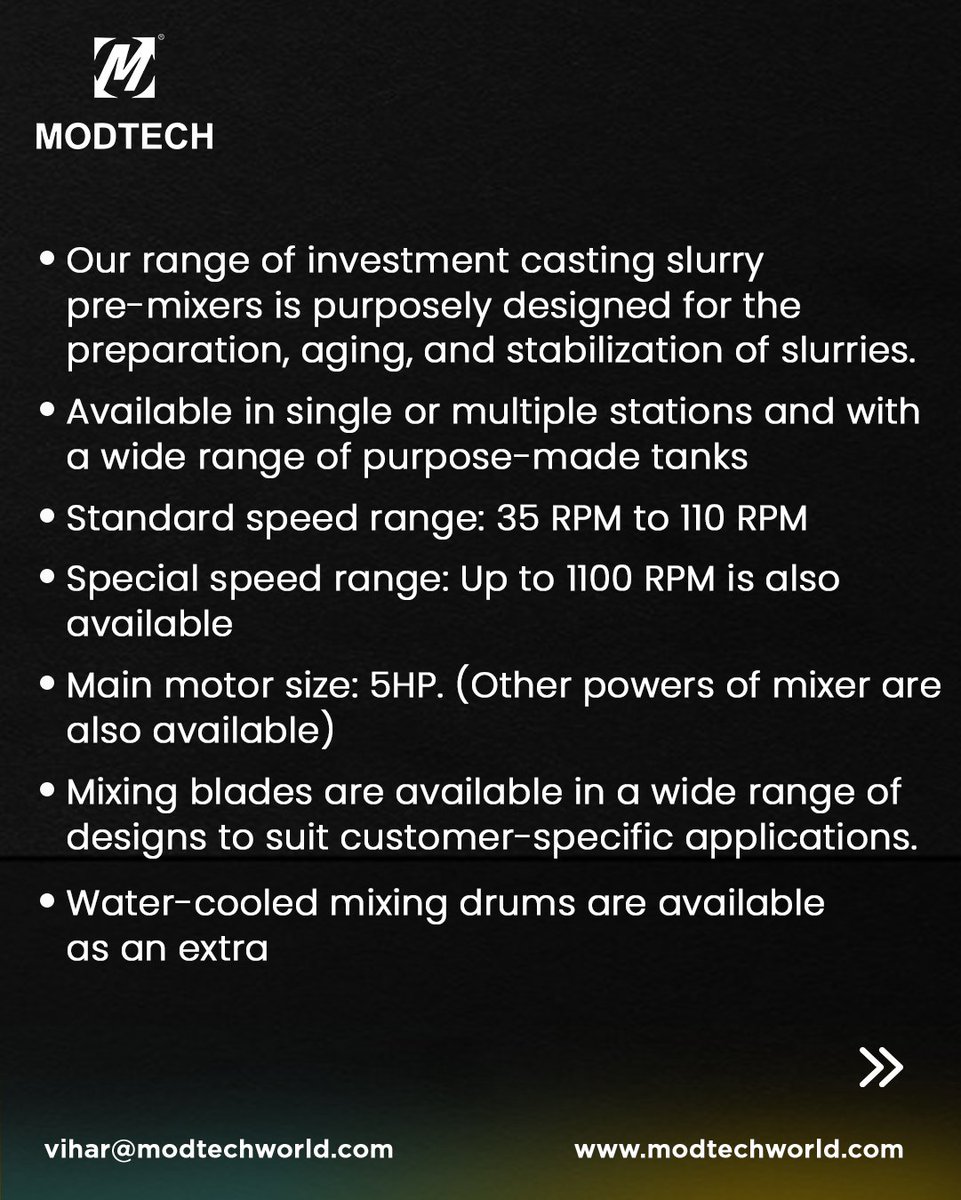 modtechmachines's tweet image. Discover the unparalleled efficiency and versatility of Modtech high-shear mixers, meticulously crafted for optimal slurry preparation, aging, and stabilization. 

#InvestmentCastingSolutions #AutomatedWaxAssemblyCell #AutomatedWaxInjectionCell #Automation #TurnkeySolutions
