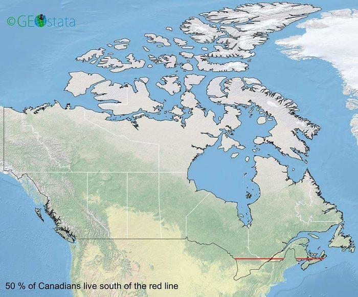 theepicmap's tweet photo. 22. 50 Percent Of Canadians Live South Of The Red Line https://t.co/xQmokbyC2t