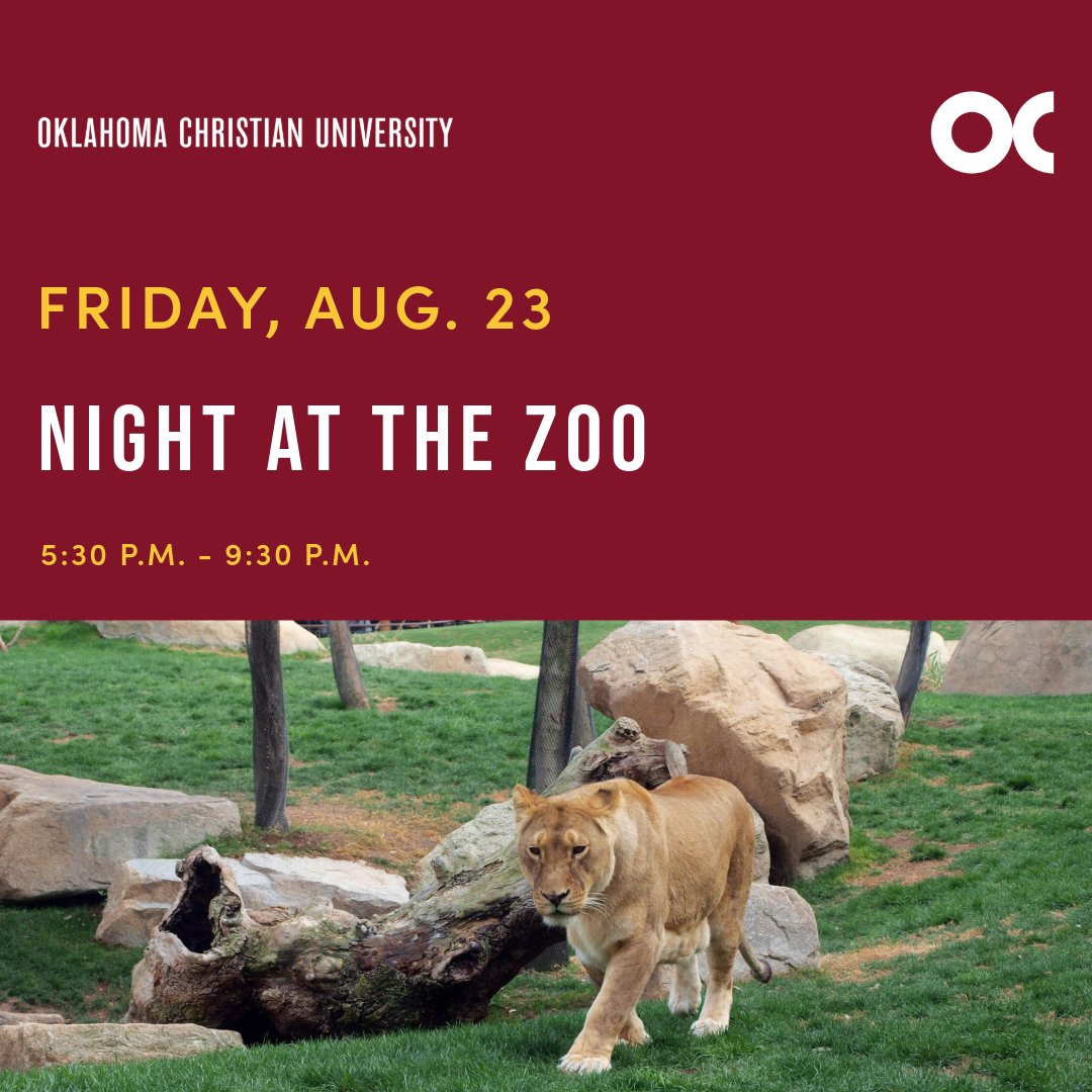 okchristian's tweet image. We can't wait to see you on Friday, Aug. 23 at the FREE @okczoo Night!  Gather your OC family and friends for a night to remember. 
*This event is limited to OC current and future students, youth groups, alumni and employees.* Register NOW ➡️ linktr.ee/OC.EDU 
#OCCommunity