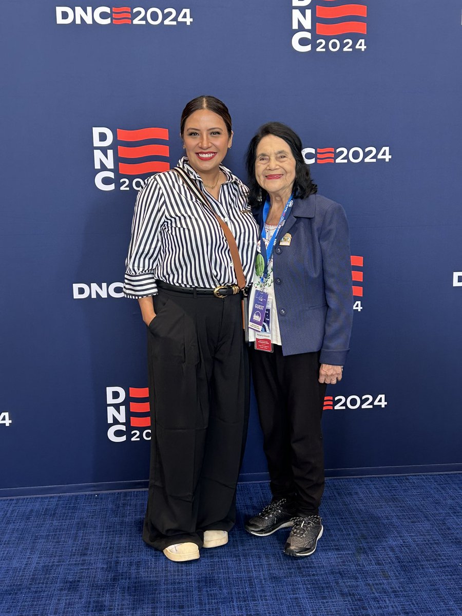 cristela9's tweet photo. I’m at the DNC this week. 

Today, I spoke at a panel about passing legislation for care workers and crossed paths with my bestie Dolores as she was on her way to a panel too. Si se puede. ✊🏽❤️ https://t.co/4VfXNNeHeG