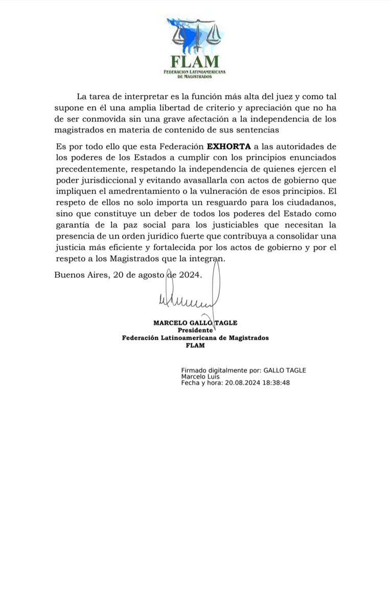 Pronunciamiento de la <a href="/FLAM_asociacion/">Federación Latinoamericana de Magistrados</a>