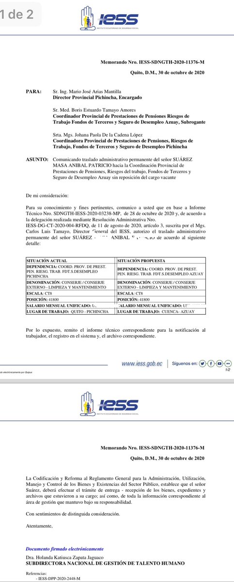 FranklinRojasT's tweet photo. Señora Asambleísta, ya que me menciona en su declaración respecto el traslado administrativo de dos personas desde Pichincha a Azuay, sepa que esto fue ejecutado en el año 2020, tres años antes de ejercer el cargo. 

Aquí los documentos👇🏽 https://t.co/9HV7eleXve