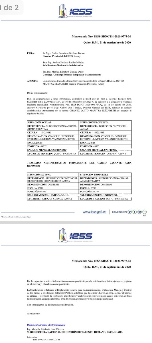 FranklinRojasT's tweet photo. Señora Asambleísta, ya que me menciona en su declaración respecto el traslado administrativo de dos personas desde Pichincha a Azuay, sepa que esto fue ejecutado en el año 2020, tres años antes de ejercer el cargo. 

Aquí los documentos👇🏽 https://t.co/9HV7eleXve