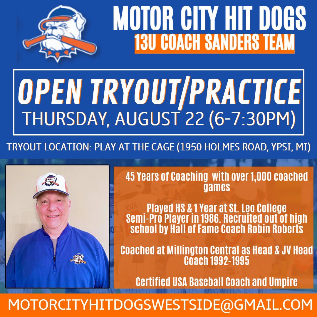 OPEN TRYOUT/PRACTICE ⚾️

Join us Thursday for an opportunity to practice with Coach Sanders and his 13U Team! Our other 13U coaches will also be in attendance for evaluation! 

Fill out the google doc link to register &amp; we’ll see you Thursday! 

🔗 forms.gle/SoNGCkarUdSPqV…