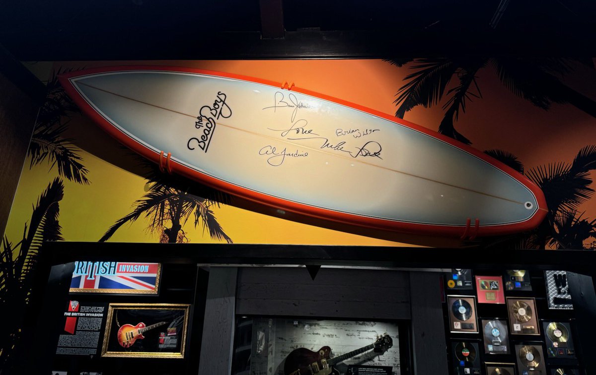In our L.A. Exhibit, you'll find a surfboard signed by The Beach Boys! 

The Beach Boys are an American rock band formed in Hawthorne, California, in 1961. The original lineup featured brothers Brian, Dennis, and Carl Wilson, their cousin Mike Love, and their friend Al Jardine.