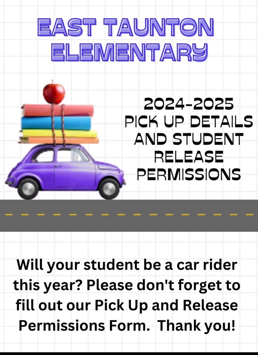 Please don't forget to fill out our Pick Up and Release Permissions form. If your child will not be taking the bus this year and you plan to drop off and pick up your child daily or on a consistent schedule, please fill this survey out by 9/1/24. tinyurl.com/ms4y4bx8