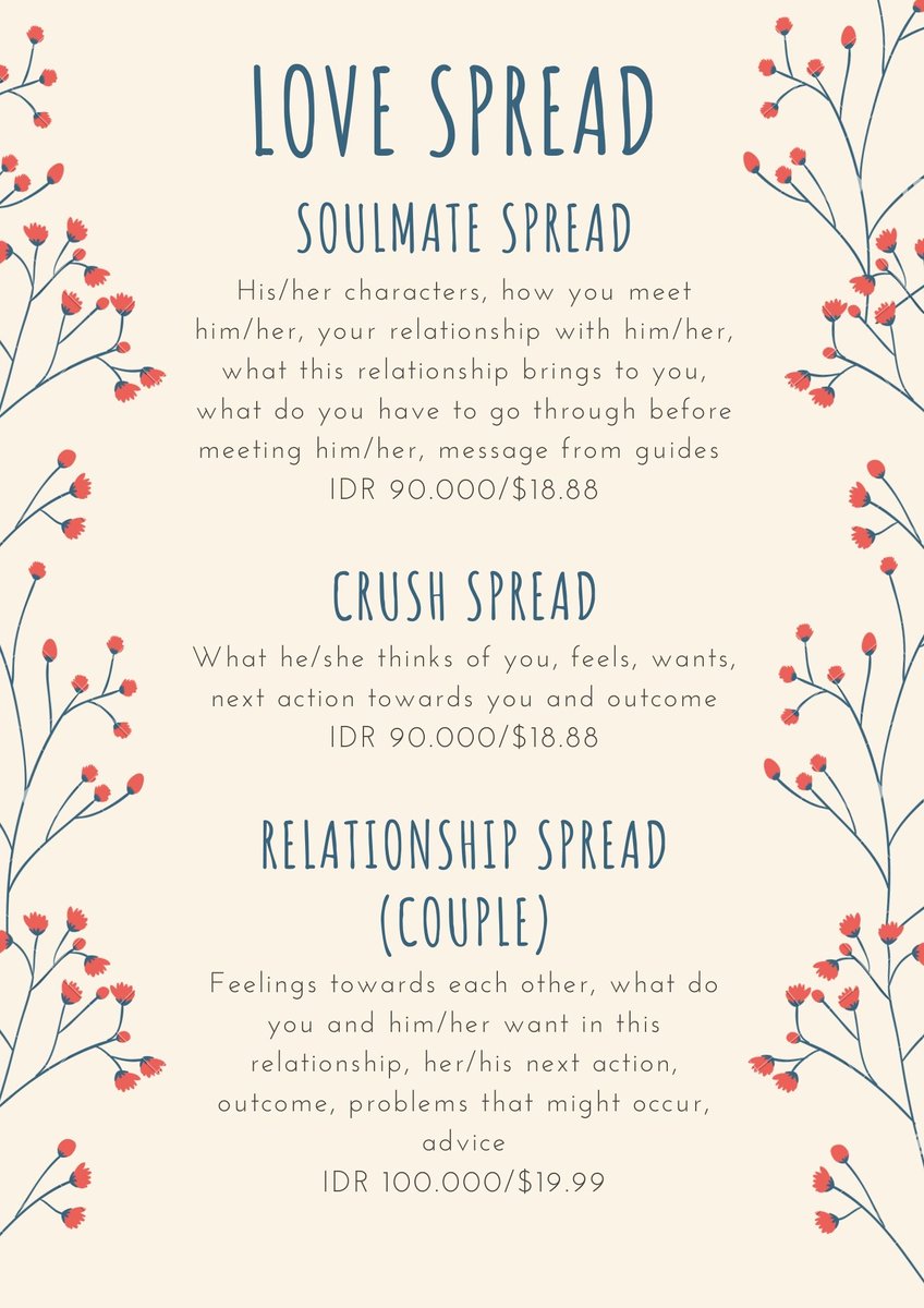 ♡Topic Based Readings/Spread

Kamu tidak perlu menyiapkan pertanyaan karena aku sudah punya list mengenai apa saja yang akan ditanyakan menyangkut topik tersebut.

Setiap spread membutuhkan waktu 7 hari untuk hasil pembacaannya.   

—   ♡Love Spread