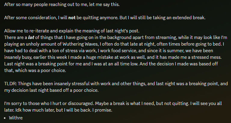 WithreVT's tweet image. Alright, I'll admit, I made a poor choice. Sorry to those I discouraged or hurt, but I will be back. I'm still taking an extended break, though.