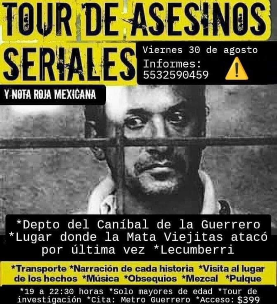 Pulquipedia's tweet photo. TOUR DE ASESINOS SERIALES ⚠️
📅 Viernes 30 de agosto 2024!
⏰19:00 a 22:30 horas.
📌 Cita: Metro Guerrero.

Tour con investigación periodística e histórica.
Informes en el whats 5532590459 https://t.co/uozm3DfTTH