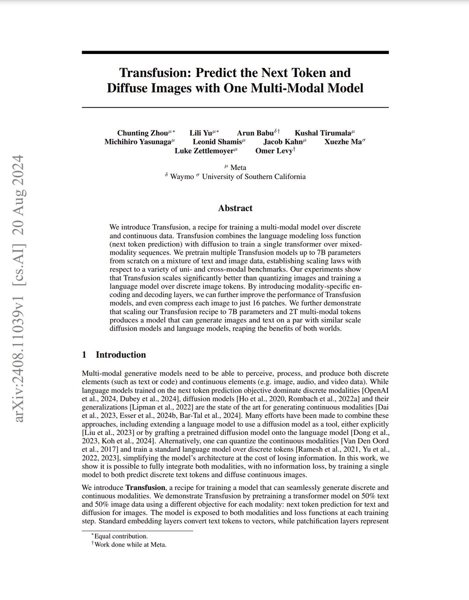 Transfusion: Predict the Next Token and Diffuse Images with One Multi-Modal Model

abs: arxiv.org/abs/2408.11039

New paper from Meta that introduces Transfusion, a recipe for training a model that can seamlessly generate discrete and continuous modalities. The authors pretrain a