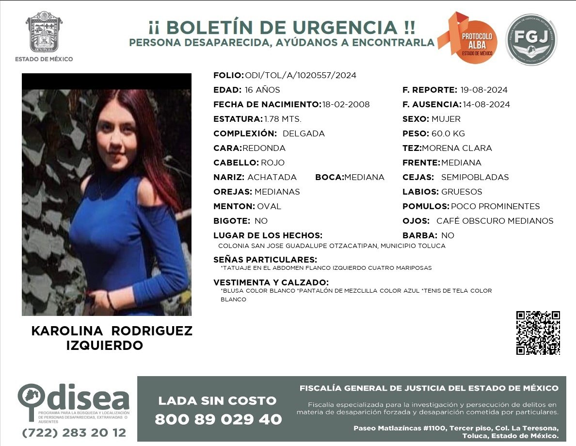 ReporteMxNotic1's tweet photo. Se busca a Karolina Rodríguez Izquierdo, desaparecida el 14 de agosto de 2024 en la colonia San José Guadalupe Otzacatipan, municipio de Toluca, Estado de México
#HastaEncontrarla  @FiscaliaEdomex @FGRMexico @SSPCMexico
https://t.co/pLhCtga4bu https://t.co/3ub50XnN1Z