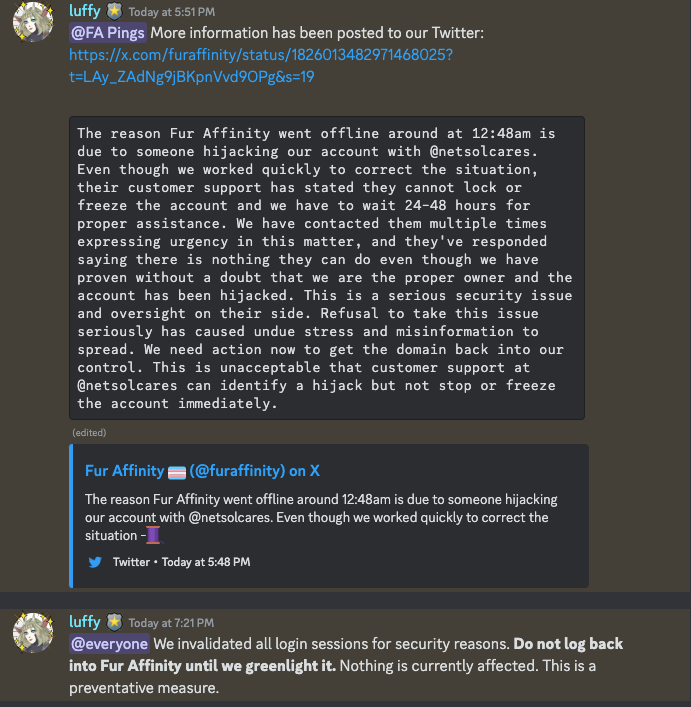 Dekeve's tweet photo. @JakkalWolf Nothing on the site itself is compromised, only the account with the domain host has been hijacked (as far as they've said, see below). You can find more info on the FA discord via the announcement channel: https://t.co/aPXYJ6ImJU https://t.co/BwKDs0Vvo2