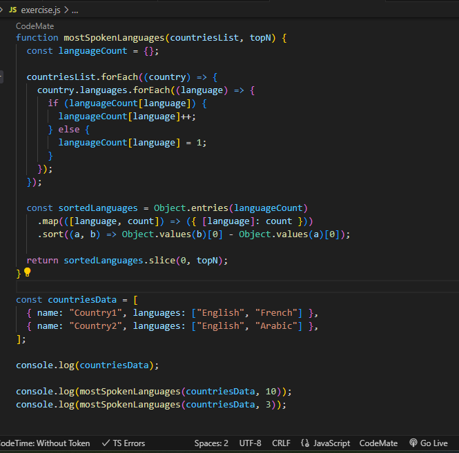 Sly_Softs's tweet photo. Day 37 of #100DaysOfCode: Still Exploring Sets and Maps ,
Analyzed a dataset of countries o find the top 10 most spoken languages. 

#30DaysOfJavaScript by
@Asabeneh

#EnrollWithSTS
@stechie_school https://t.co/Kn3MmUhB7N