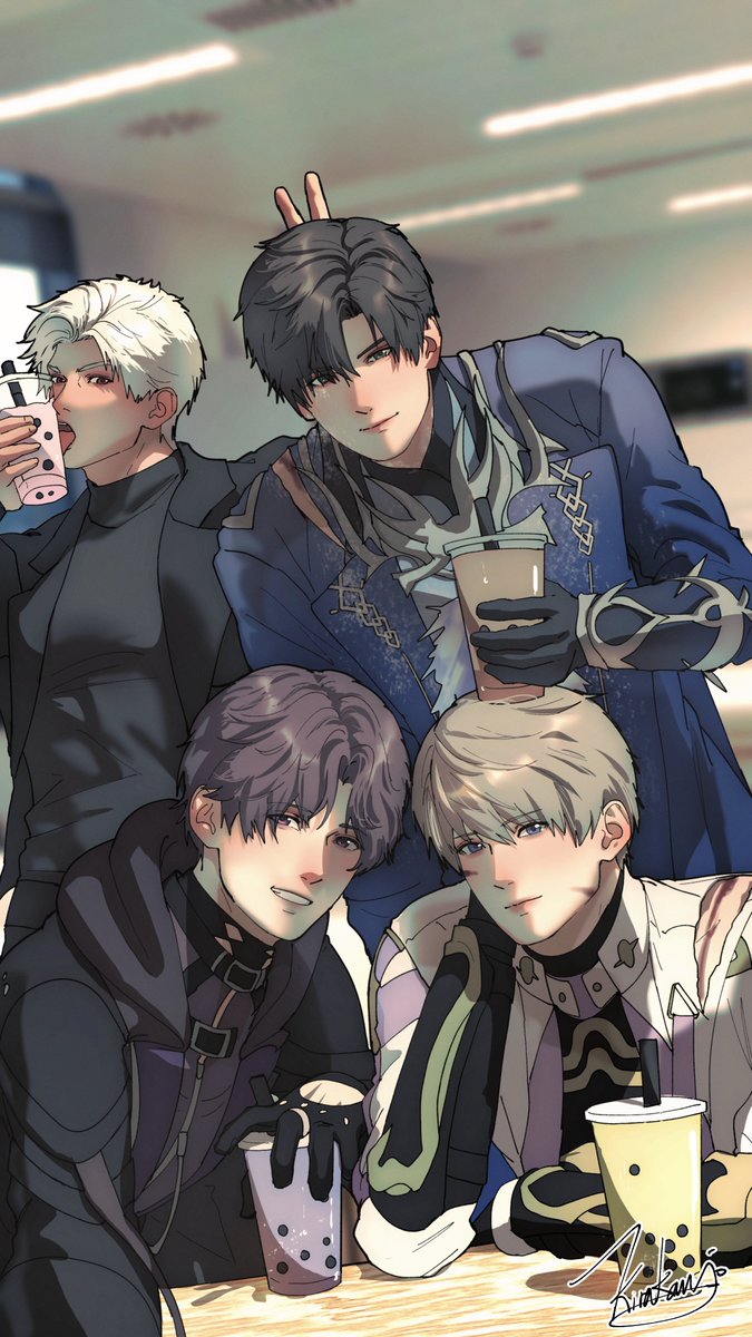 Kirakanjo's tweet image. boba selfie between scenes 🧋❤️ 
(xav is finally awake lol) 
sylus: strawberry milk tea
zayne: brown sugar milk tea
rafayel: taro
xavier: honeydew
What is your favorite boba drink? 👀

#LoveandDeepspace #恋与深空 #恋と深空