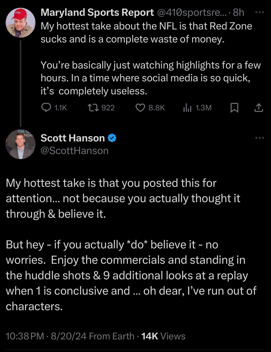 WOW… SCOTT HANSON JUST MURDERED THIS CLOWN WHO WAS LOOKING FOR ATTENTION BY RIPPING REDZONE. 

BODY BAG 😳