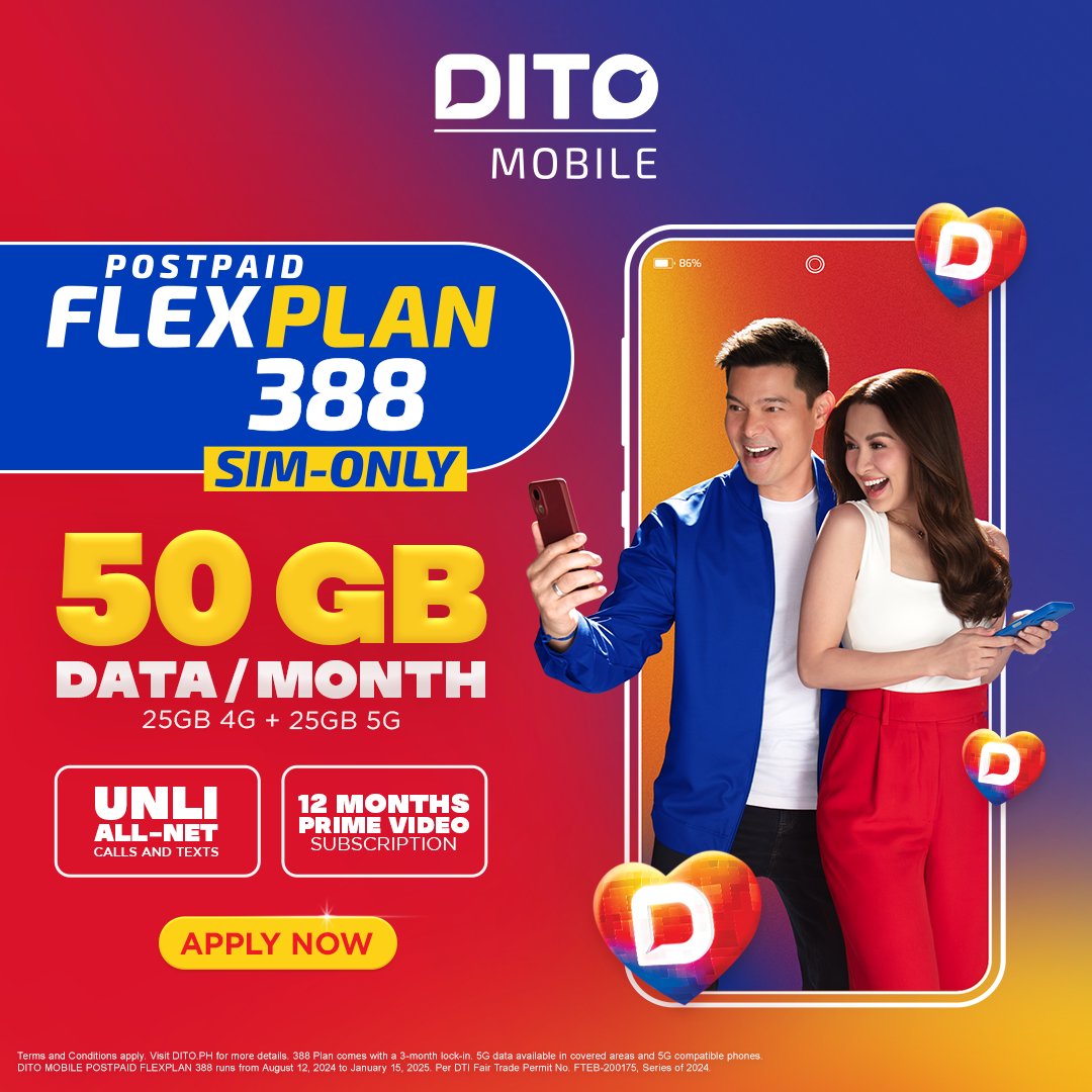 DITOphofficial's tweet photo. Upgrade to our budget-friendly plan for only P388/month, with a 3-month lock-in period! Apply for a FLEXPlan 388 SIM-Only and enjoy 50GB data, unli all-net calls and texts, plus a 12-month Prime Video subscription! 📱✨
Get yours now! https://t.co/19DPSSF2gp
#DITOFLEXPlan #DITOpostpaid