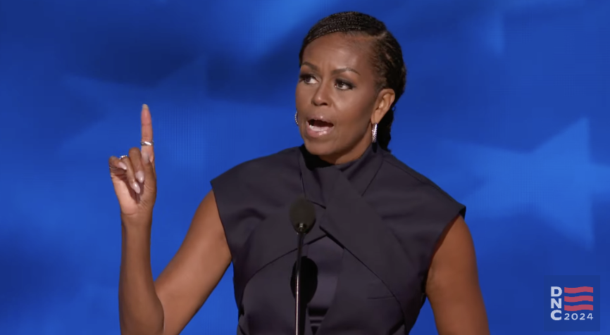 "Who's going to tell him that the job he's currently seeking just might be one of those Black jobs?" -<a href="/MichelleObama/">Michelle Obama</a> as part of calling out Trump's ugly, misogynistic, racist lies #DNC2024