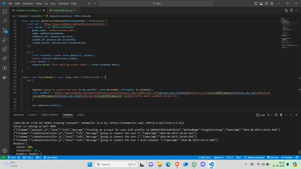 abhi_g003's tweet image. 🚀 Excited to share that I've successfully integrated the LinkedIn API into my project!
Now you can easily connect your LinkedIn account, retrieve access tokens, and take your professional networking to the next level.
Stay tuned for more updates! #LinkedInAPI #WebDevelopment