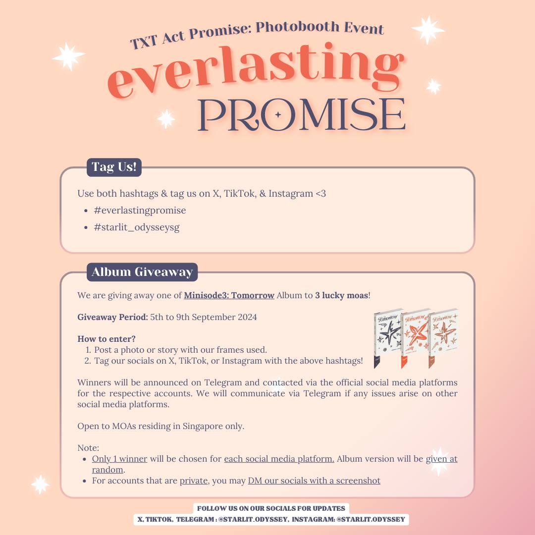 starlit_odyssey's tweet photo. TXT Act: Promise SG Photobooth REVEAL๐ฎ
Starlit Odyssey: Everlasting Promiseโถ~
๐๏ธ 05.09.24~09.09.24
๐ Solace Studios Pop-Up@ Kallang Wave Mall & Leisure Park
Minisode 3: Tomorrow albums giveaway to 3 lucky MOAs!~โจ
#TOMORROW_X_TOGETHER #everlastingpromise #starlit_odysseysg https://t.co/oYsJM2OgxU