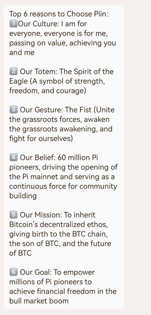 HazelHSkim's tweet photo. Top 6 reasons to get $piin 👊🎉👇
#pi #pinetwork #π #brc20 #sol $piin  $ordi $sats $rats $pizza $mubi $pepe $wif $floki $bome $bonk $mog $peipei https://t.co/N4jLQUfsCl