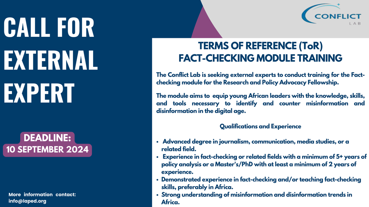 conflictlab1's tweet photo. TERMS OF REFERENCE (ToR) for Fact-Checking Module Training. Click on the link to apply    https://t.co/j3kJbUmkKz https://t.co/GkiI3Ogq52