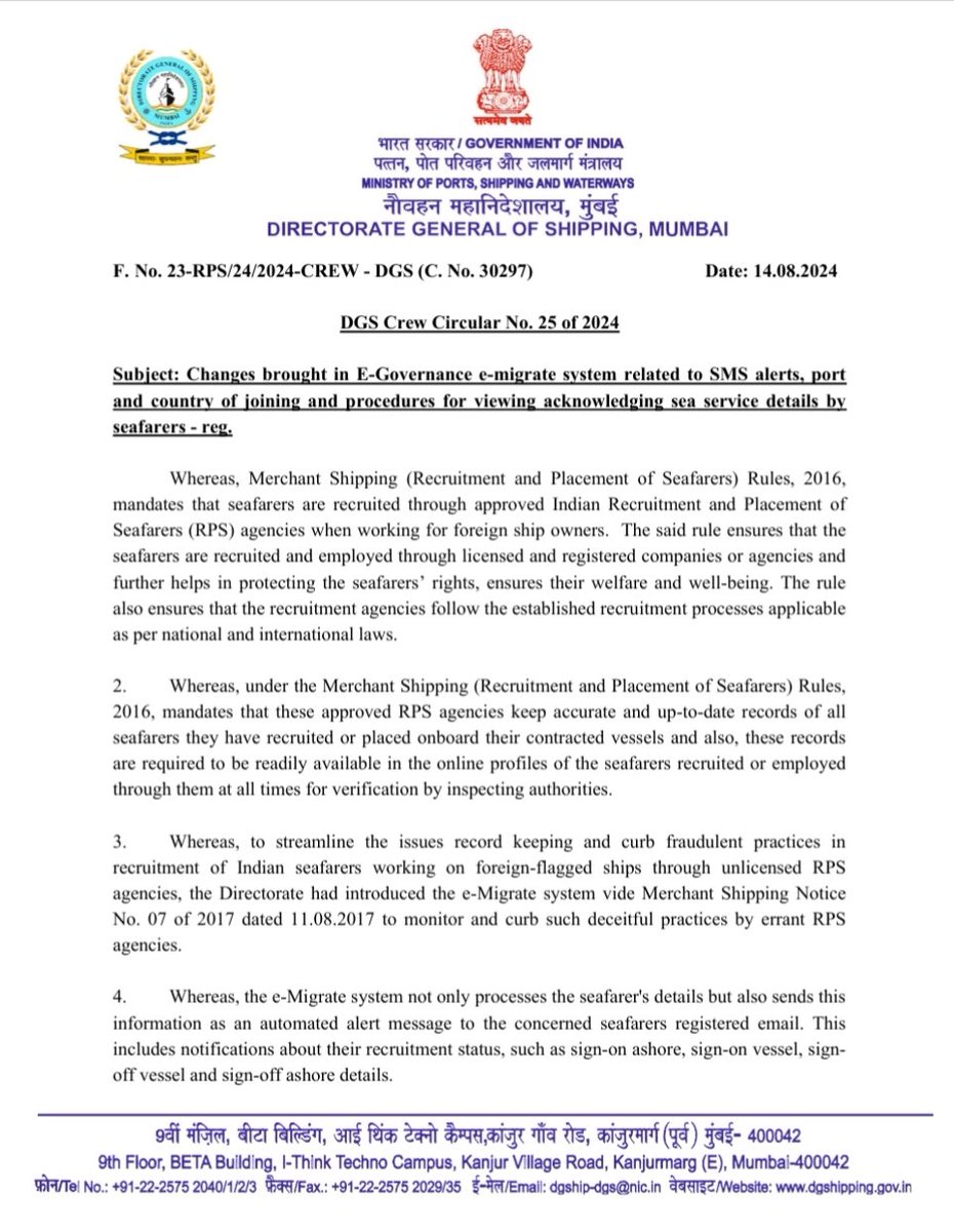 AllSeafarers's tweet photo. DGS Circular No. 25 of 2024 from the  @dgship_goi (DGS) of the Government of India covers changes to the e-migrate system related to SMS alerts, port and country of joining, and procedures for viewing and acknowledging sea service details by seafarers. https://t.co/wb9EAxCrQB
