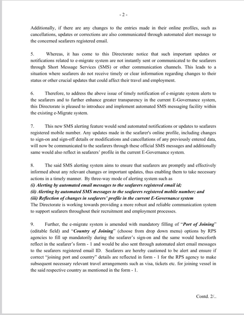 AllSeafarers's tweet photo. DGS Circular No. 25 of 2024 from the  @dgship_goi (DGS) of the Government of India covers changes to the e-migrate system related to SMS alerts, port and country of joining, and procedures for viewing and acknowledging sea service details by seafarers. https://t.co/wb9EAxCrQB