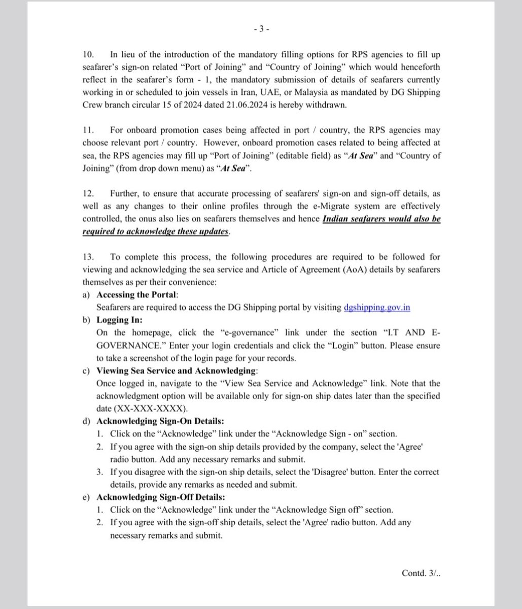 AllSeafarers's tweet photo. DGS Circular No. 25 of 2024 from the  @dgship_goi (DGS) of the Government of India covers changes to the e-migrate system related to SMS alerts, port and country of joining, and procedures for viewing and acknowledging sea service details by seafarers. https://t.co/wb9EAxCrQB
