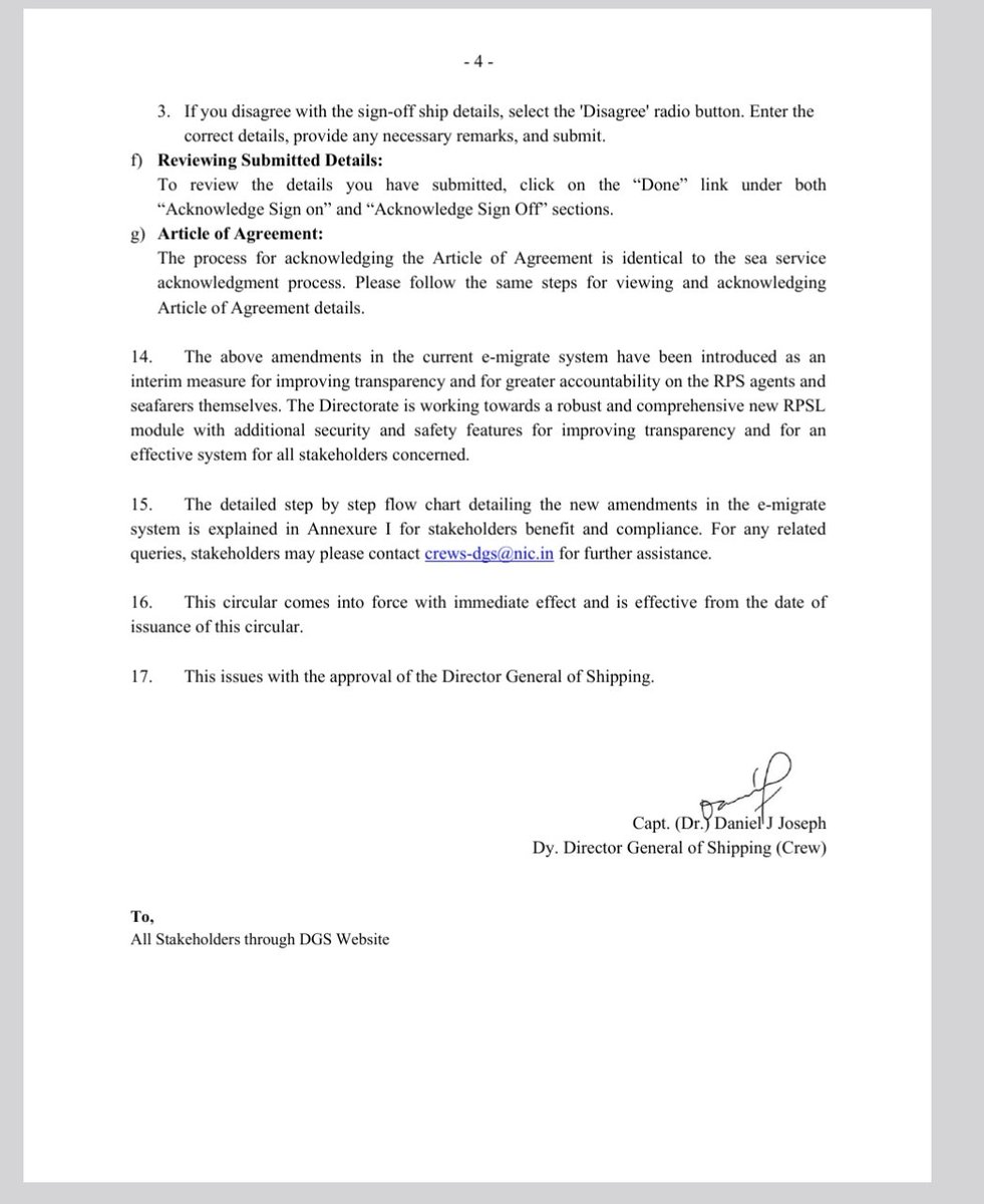 AllSeafarers's tweet photo. DGS Circular No. 25 of 2024 from the  @dgship_goi (DGS) of the Government of India covers changes to the e-migrate system related to SMS alerts, port and country of joining, and procedures for viewing and acknowledging sea service details by seafarers. https://t.co/wb9EAxCrQB