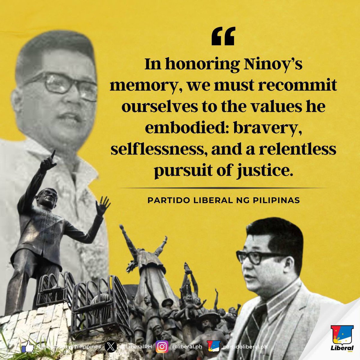 LiberalPH's tweet photo. Statement of the Liberal Party
21 August 2024

As we commemorate the assassination of Senator Benigno "Ninoy" Aquino Jr., we do so in a time of rampant disinformation, historical revisionism, weakening institutions, and a dire need for true leadership. https://t.co/utrGDx9QdX