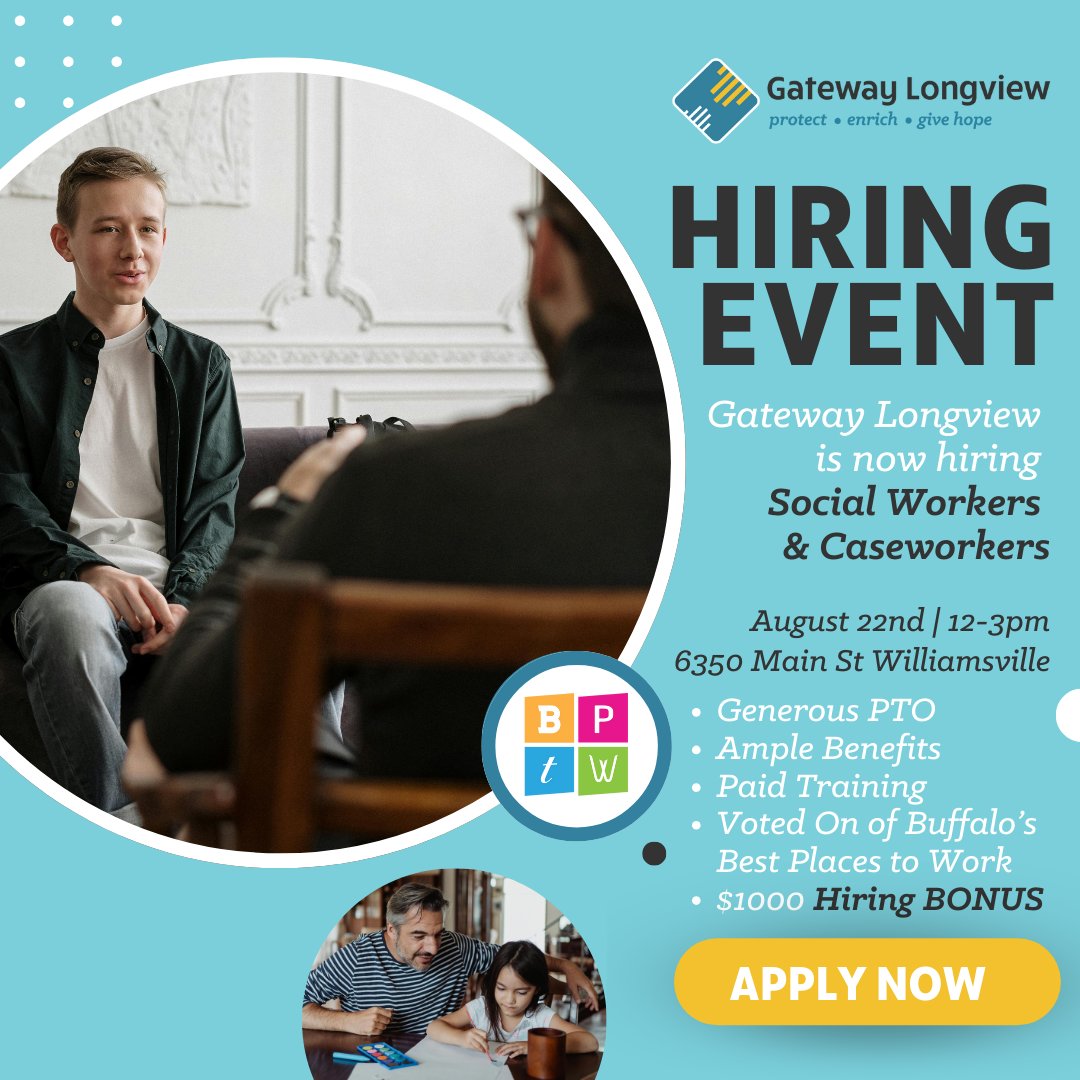 💼 Looking for a meaningful career? Join Gateway Longview's Hiring Event on 8/22 from 12-3pm at 6350 Main St. We’re seeking dedicated Caseworkers &amp; Social Workers to help us protect, enrich, &amp; give hope. Learn more at gateway-longview.org

#NowHiring #Buffalo #JobFair #Careers