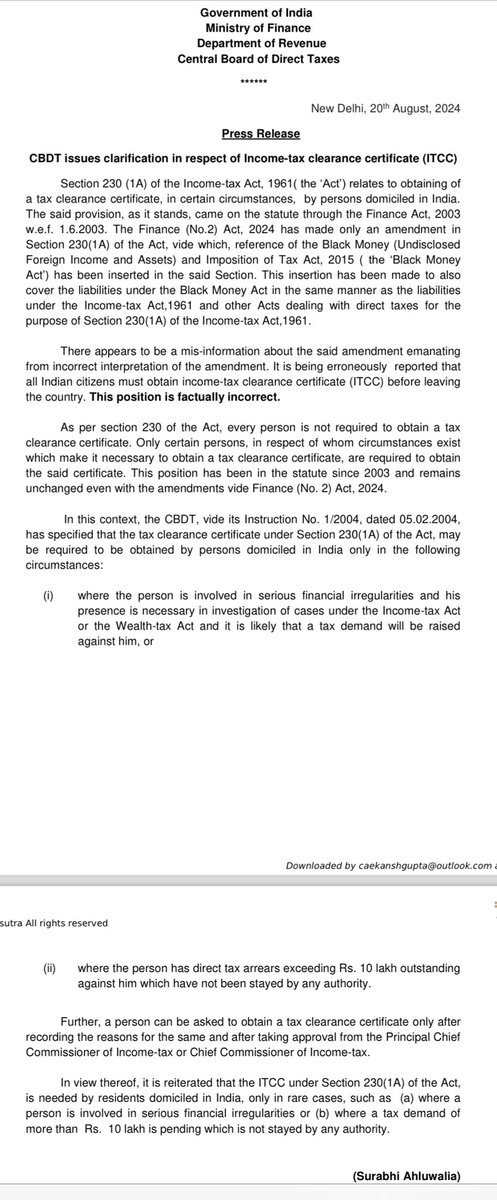 RachitGoyalChd's tweet photo. CBDT issues clarification on ITCC before leaving India. https://t.co/Z440HKwqow