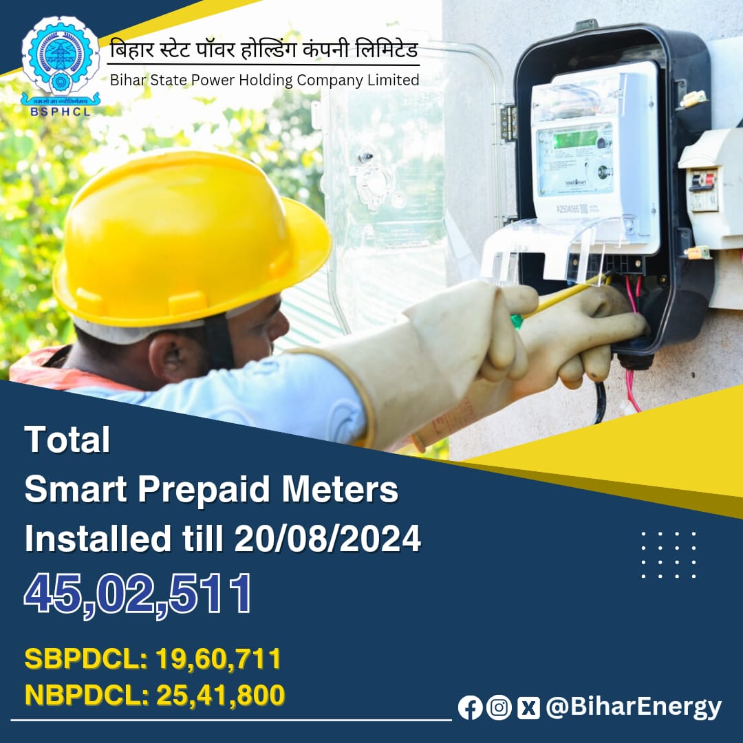 BiharEnergy's tweet photo. 4️⃣5️⃣ lakh #SmartPrepaidMeter installed in #Bihar! 

This was made possible by the support of consumers and engineers alike. 

A multi-dimensional strategy, from training engineers to conducting mass awareness sessions for consumers, played a key role in this success.

Powering Bihar ~ one Smart Meter at a time!

#BSPHCL