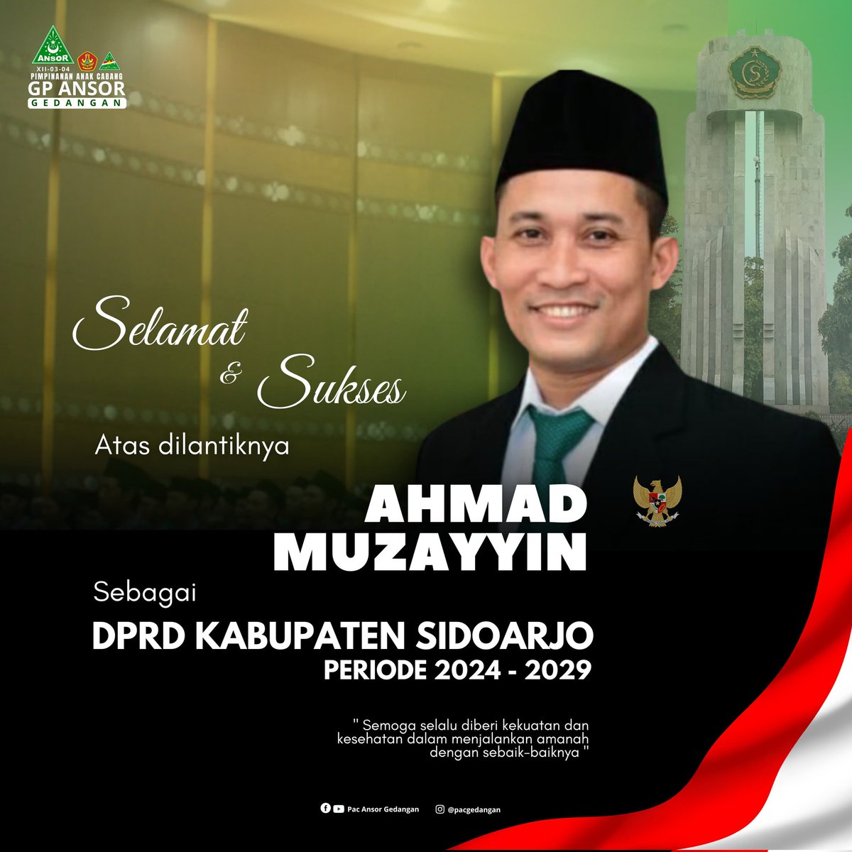 ChHuda5's tweet photo. Selamat atas dilantiknya Ketua PC GP Ansor Sidoarjo Sahabat Rizza Ali Faizin & Waka Kaderidasi Sahabat Achmad Muzayyin sebagai Anggota DPRD Kabupate Sidoarjo priode th 2024 - 2029.
Semoga amanah & berkah untuk semua๐คฒ๐
#AnsorMbois https://t.co/TH2T00nNRu