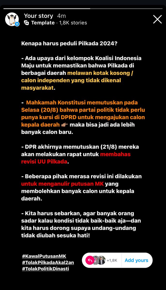 timpenguinnas's tweet image. Temen-temen yuk tolong bantu ramein juga isu dan hastagnya di IG juga. Masih belum terlalu rame, perlu diramaikan nih!

Templatenya ada di story IG Topan: instagram.com/stories/timpen…

#KawalPutusanMK 
#TolakPilkadaAkal2an 
#TolakPolitikDinasti