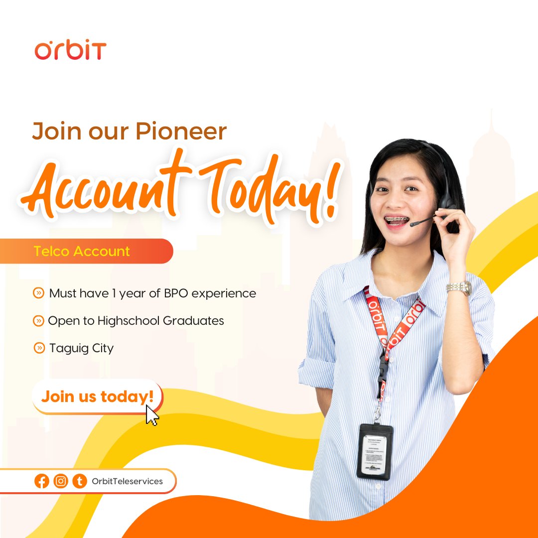 OrbitCareerHub's tweet photo. Are You a BPO Pro? If you’ve mastered the art of customer service and have a knack for the telco industry, we want you on our team! Send your resume and let's get moving!

Apply Here: https://t.co/tFgySIRvIe https://t.co/MPHKHSdCck