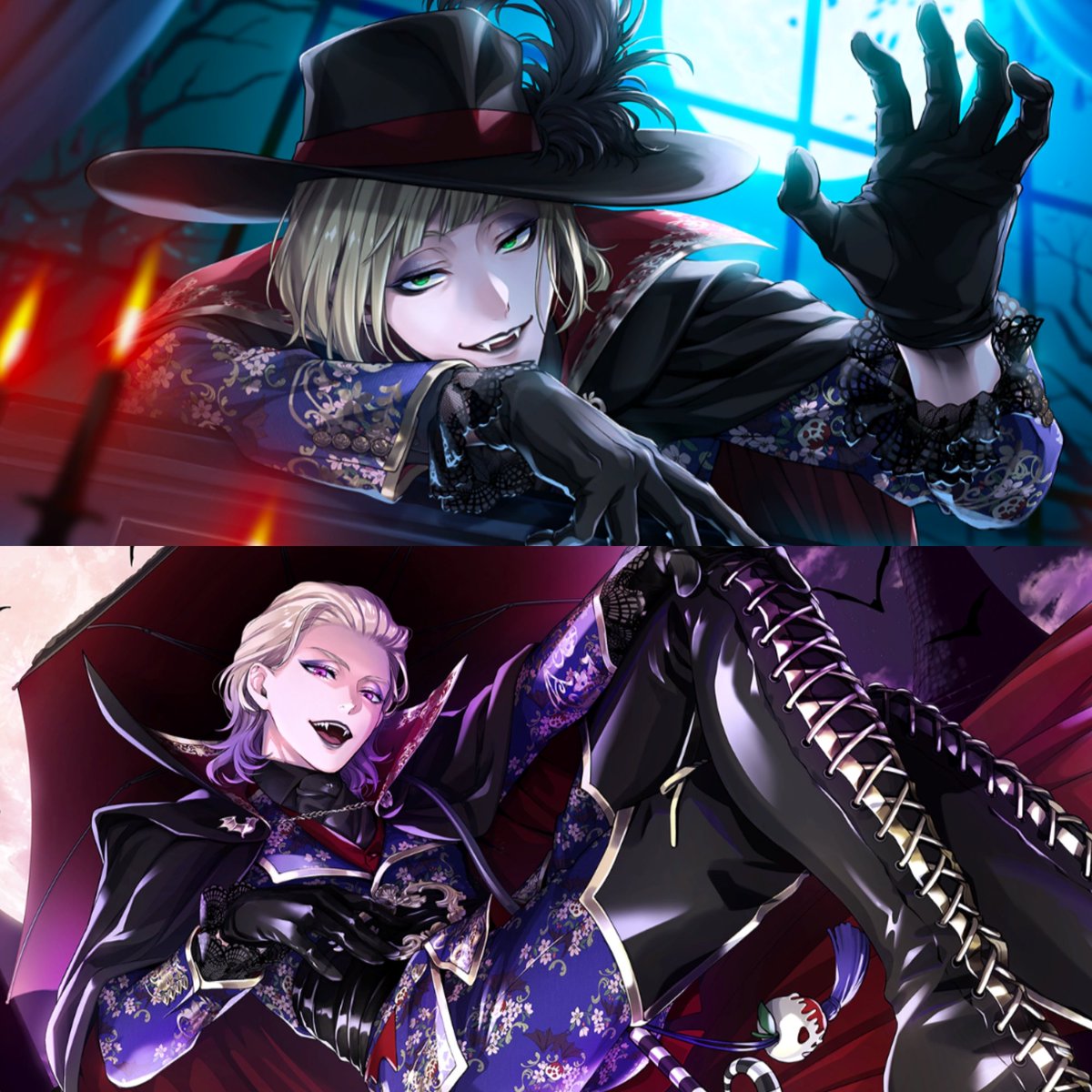 coeursymphony's tweet image. I miss vampire husbands rookvil sooo much. also their little date on the background of the first halloween event title screen 🥹 you know Rook was the one who took that photo for Vil's card