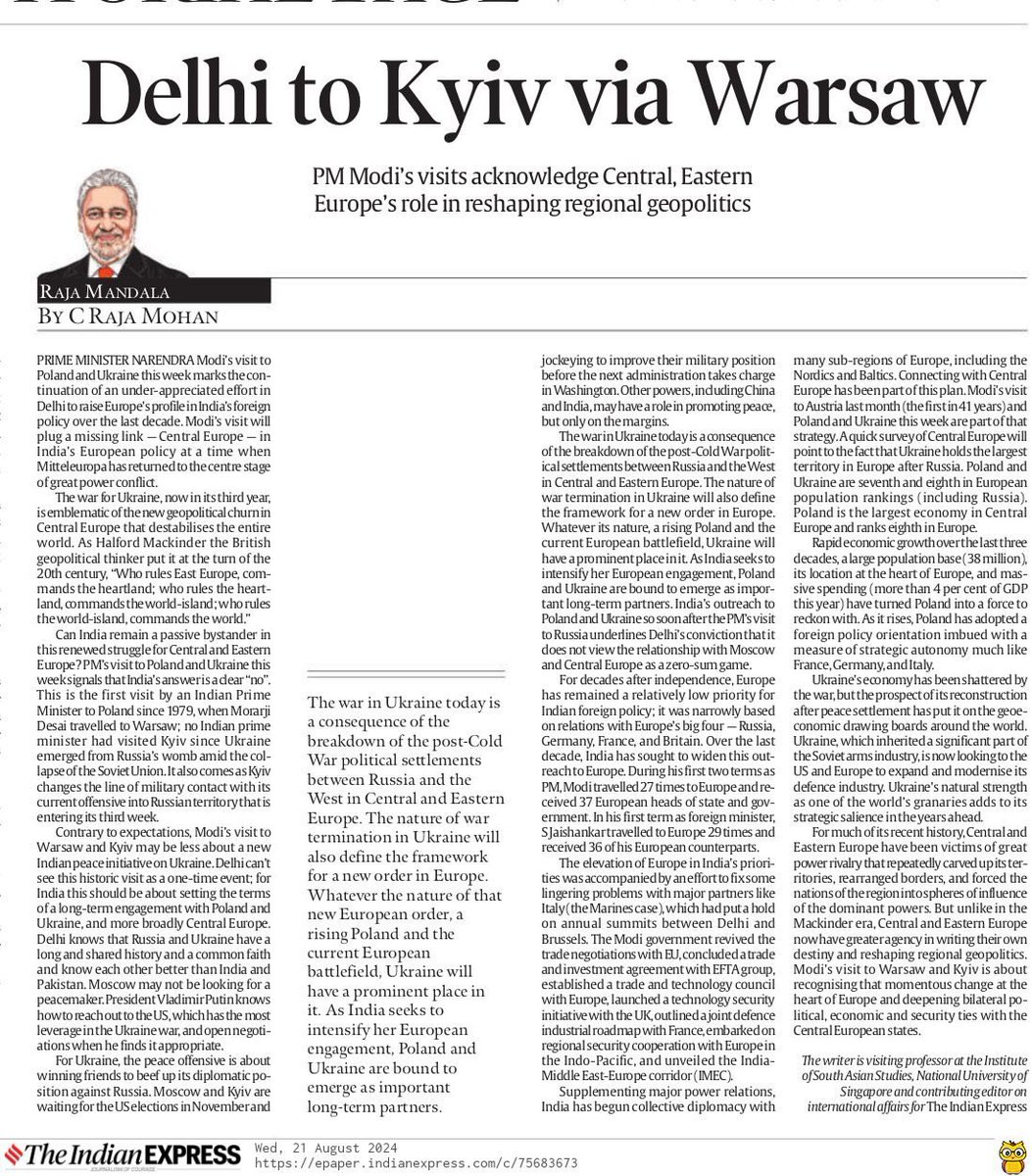 HappymonJacob's tweet photo. Must read piece from @MohanCRaja explaining the importance of PM Modi’s visit to Ukraine and Poland. 

If you have time to read/listen to only one opinion today, go for this one. https://t.co/u1tVvKqBfW