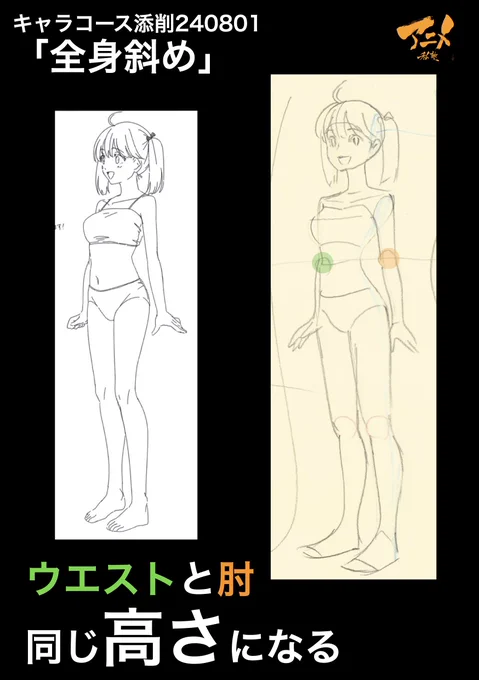 キャラコース添削240801「全身斜め」 ●ウエストと肘同じ高さになる