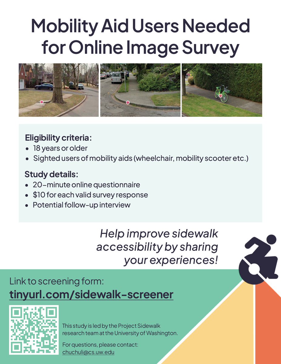 Chimichurrichu's tweet image. 👏We are now over 80% toward our goal! Thanks to everyone who supported this research! We now need more responses from users of mobility scooters, walkers and manual wheelchairs. Please RT!
Fill out our screener here: tinyurl.com/sidewalk-scree…
#accessibility #inclusive #sidewalks