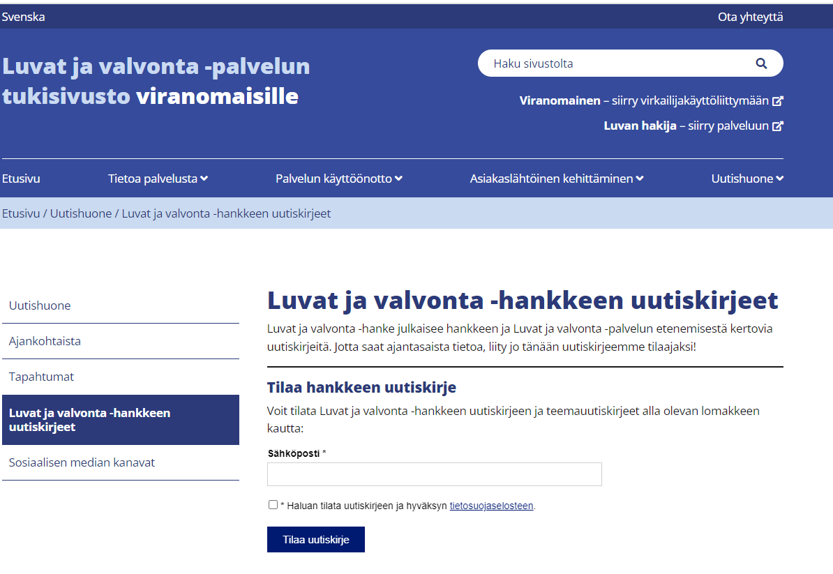 Haluatko saada ajantasaista tietoa Luvat ja valvonta -palvelusta 💡 #digiluvat #yksiluukku #uutiskirje Liity uutiskirjeen tilaajaksi täyttämällä liittymislomake Luvat ja valvonta -tukisivustolla 👉luvatjavalvonta.fi/uutishuone/uut…