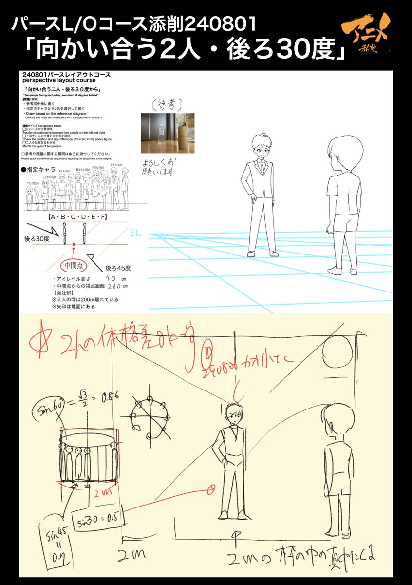 パースL/Oコース添削240801「向かい合う2人・後ろ30度」 ●2mの枠の真ん中にくる