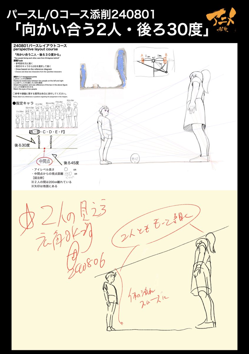 パースL/Oコース添削240801「向かい合う2人・後ろ30度」
●体の流れをスムーズに 