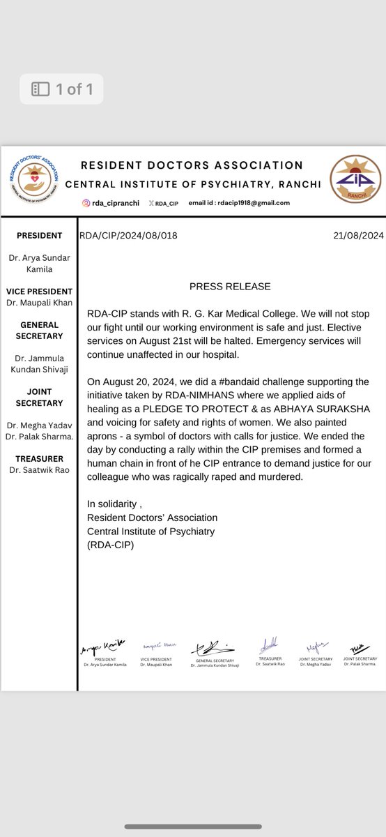 RDA CIP RANCHI (@rda_cip) on Twitter photo "RDA-CIP stands with R.G. Kar Medical College. We will not stop our fight until our working environment is safe and just. We are together in this struggle for justice. #WeStandTogether #JusticeForRGKar <a href="/FAIMA_INDIA_/">FAIMA Doctors Association</a> @udfaindia <a href="/FordaIndia/">FORDA INDIA</a> <a href="/RDA_NIMHANS/">RDA, NIMHANS (INI)</a> <a href="/AIIMSRDA/">RDAAIIMS DELHI</a> "RDA-CIP stands with R.G. Kar Medical College. We will not stop our fight until our working environment is safe and just. We are together in this struggle for justice. #WeStandTogether #JusticeForRGKar <a href="/FAIMA_INDIA_/">FAIMA Doctors Association</a> @udfaindia <a href="/FordaIndia/">FORDA INDIA</a> <a href="/RDA_NIMHANS/">RDA, NIMHANS (INI)</a> <a href="/AIIMSRDA/">RDAAIIMS DELHI</a>
