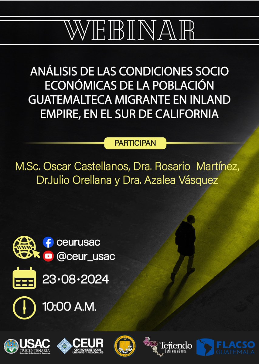 nelmor's tweet photo. Webinar: Análisis de las #CondicionesSocioeconómicas de la #población guatemalteca #migrante en #InladEmpire, en el sur de #California #CEUR

PARTICIPAN:
Oscar Castellanos
Rosario Martínez
Julio Orellana
Azalea Vásquez

DÍA: 23/8/2024
HORA: 10:00 a.m.

https://t.co/ZXtbs1Qzz8 https://t.co/2qNltmODUF