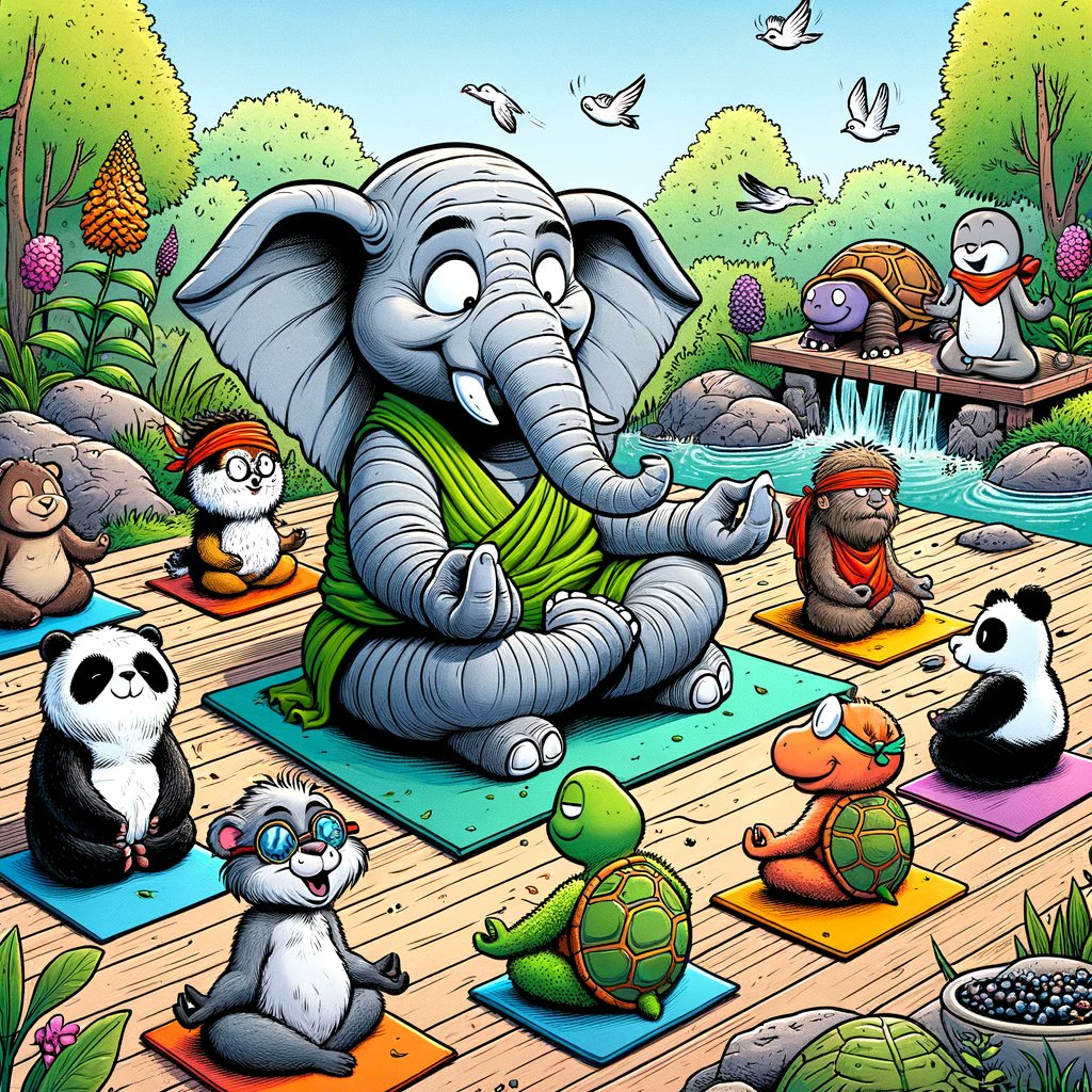 whatishealthok's tweet photo. Namaste from the wild side! 🧘♂️🐘 Check out this comic-style illustration of a hilarious wellness class where a zen-like elephant is guiding a group of animals in meditation. #WellnessFun #ZenAnimals #MeditationClass https://t.co/RVrGei6faO