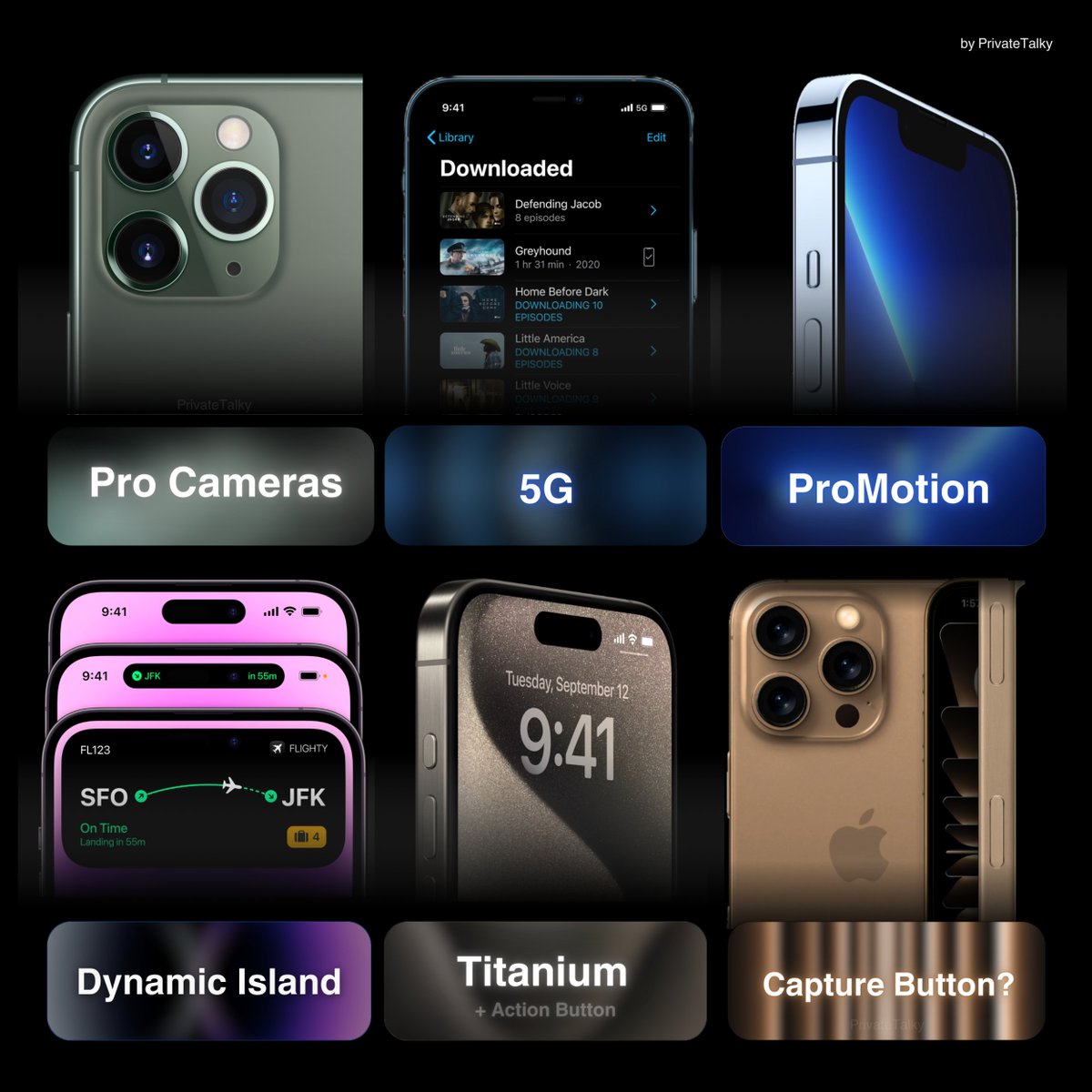 privatetalky's tweet photo. Every standout feature of Pro iPhone models, from the 11 Pro to the 16 Pro*
(2019-2024) #iPhone16 #AppleEvent
Which Pro model had the biggest upgrade? https://t.co/6bCfqGQ2yv