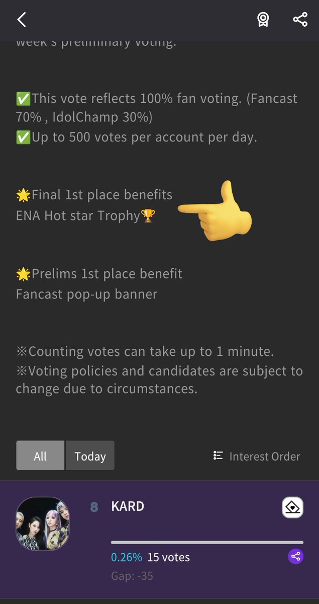 magedonkard's tweet photo. Hidden vote for #kard on Hot Star
App:Fancast 
8th place

App: Idol champ
7th place 

They also win a trophy....support https://t.co/qj1bboEpKL
